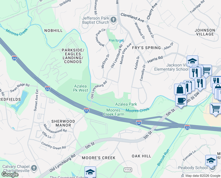 map of restaurants, bars, coffee shops, grocery stores, and more near 415-417 Mobile Lane in Charlottesville