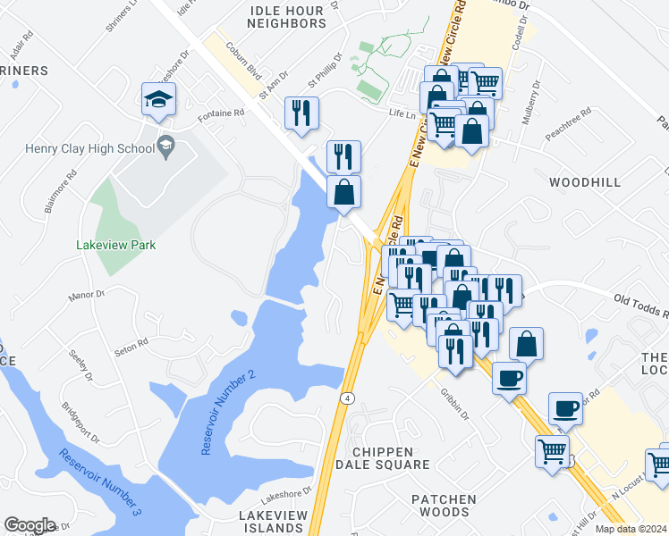map of restaurants, bars, coffee shops, grocery stores, and more near 2350 Lake Park Road in Lexington