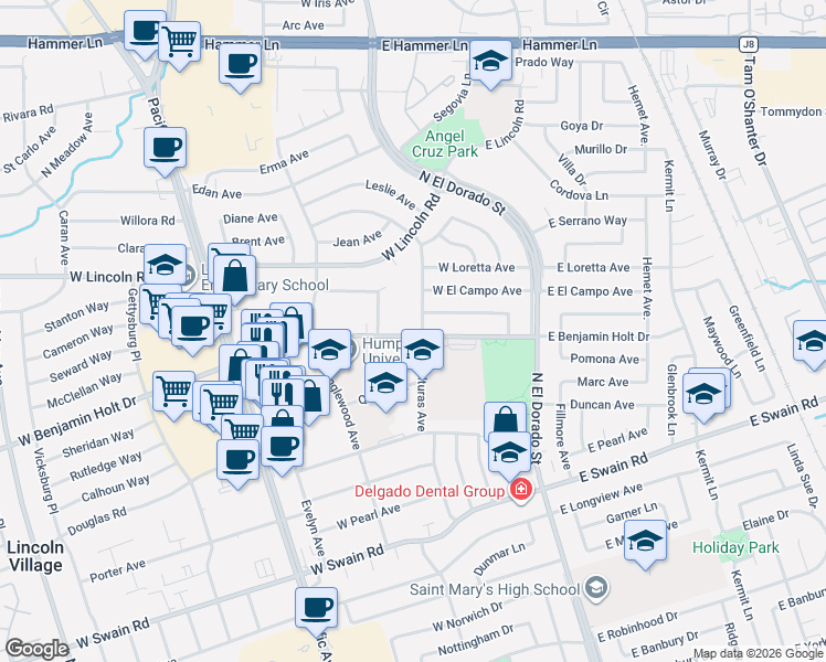 map of restaurants, bars, coffee shops, grocery stores, and more near 211 West Benjamin Holt Drive in Stockton