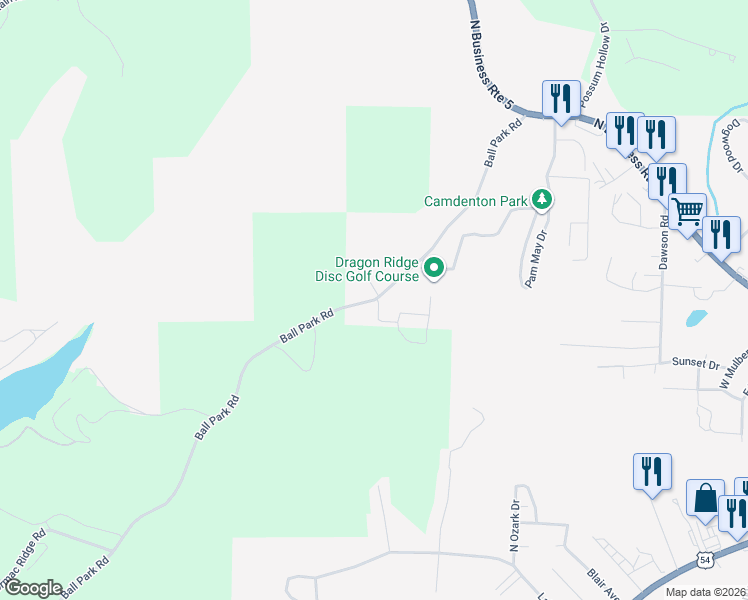 map of restaurants, bars, coffee shops, grocery stores, and more near 555 Ball Park Rd in Camdenton