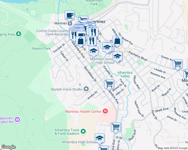 map of restaurants, bars, coffee shops, grocery stores, and more near 1503 Berrellesa Street in Martinez