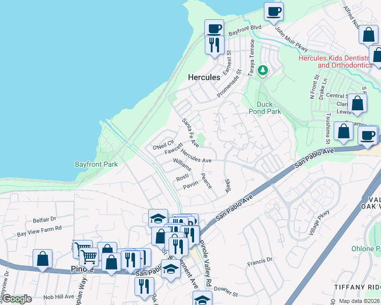 map of restaurants, bars, coffee shops, grocery stores, and more near 1231 Hercules Avenue in Hercules