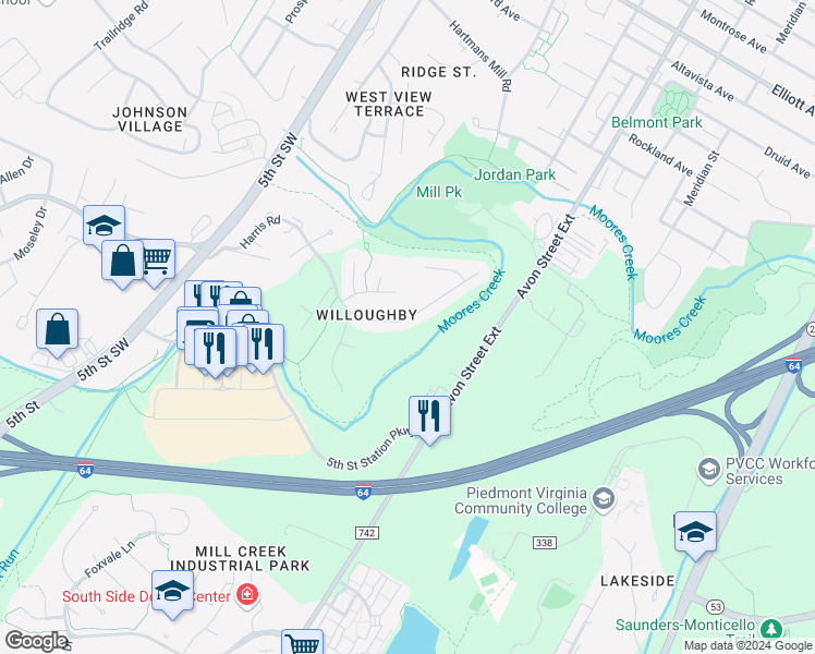 map of restaurants, bars, coffee shops, grocery stores, and more near 822 Harris Road in Charlottesville