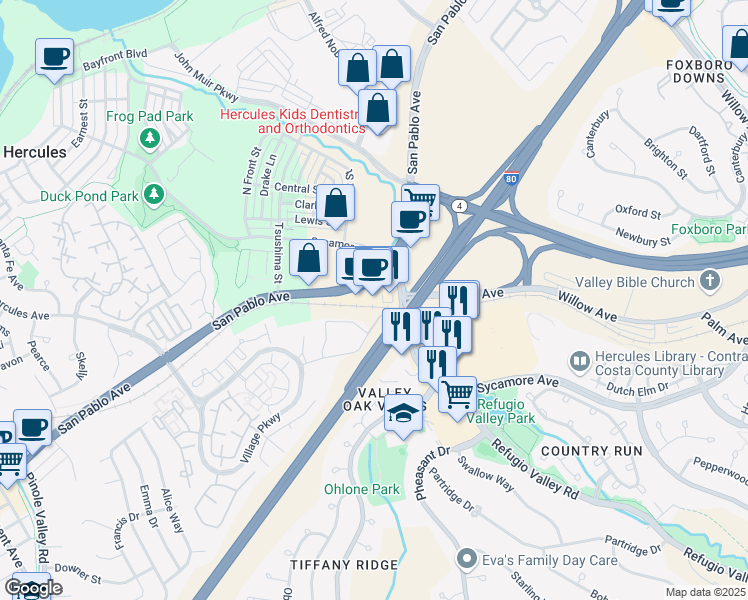 map of restaurants, bars, coffee shops, grocery stores, and more near 3700 San Pablo Avenue in Hercules