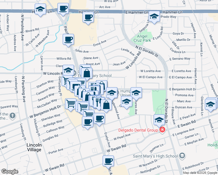 map of restaurants, bars, coffee shops, grocery stores, and more near 435 West Benjamin Holt Drive in Stockton