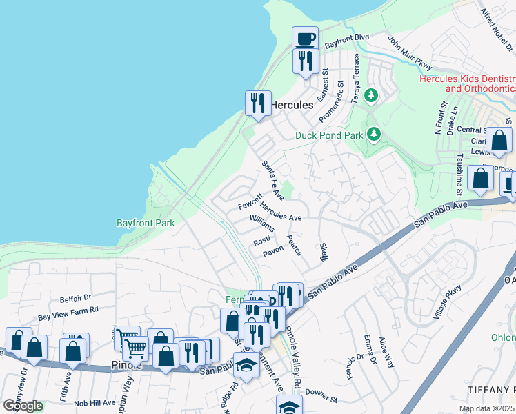 map of restaurants, bars, coffee shops, grocery stores, and more near 1206 Hercules Avenue in Hercules