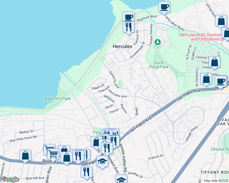 map of restaurants, bars, coffee shops, grocery stores, and more near 1231 Hercules Avenue in Hercules