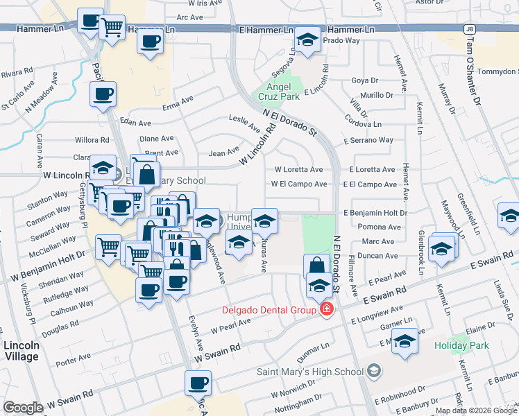 map of restaurants, bars, coffee shops, grocery stores, and more near 211 West Benjamin Holt Drive in Stockton