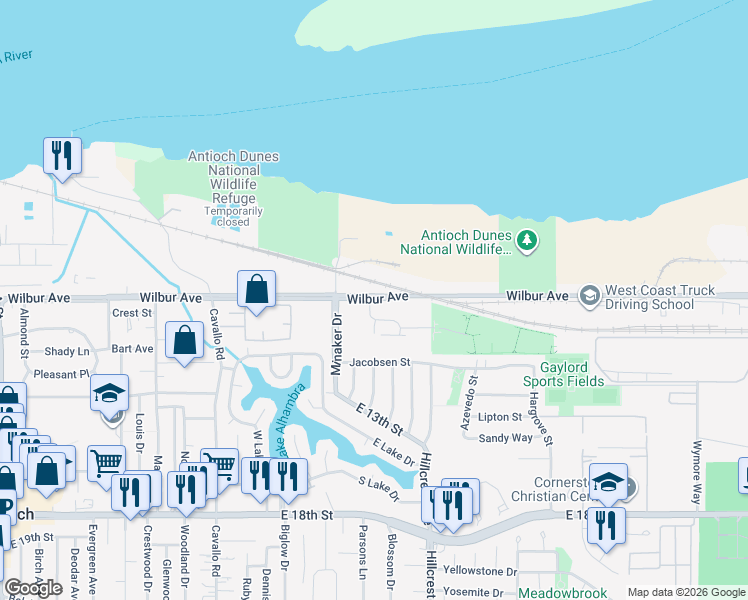map of restaurants, bars, coffee shops, grocery stores, and more near Apollo Court in Antioch