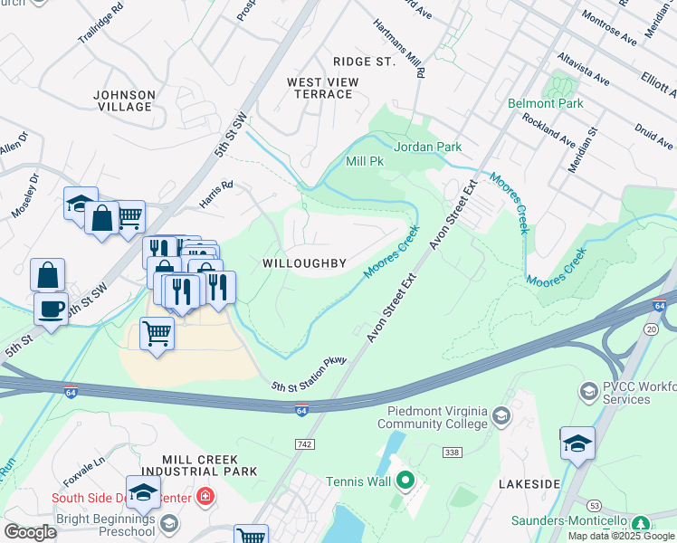 map of restaurants, bars, coffee shops, grocery stores, and more near 822 Harris Road in Charlottesville