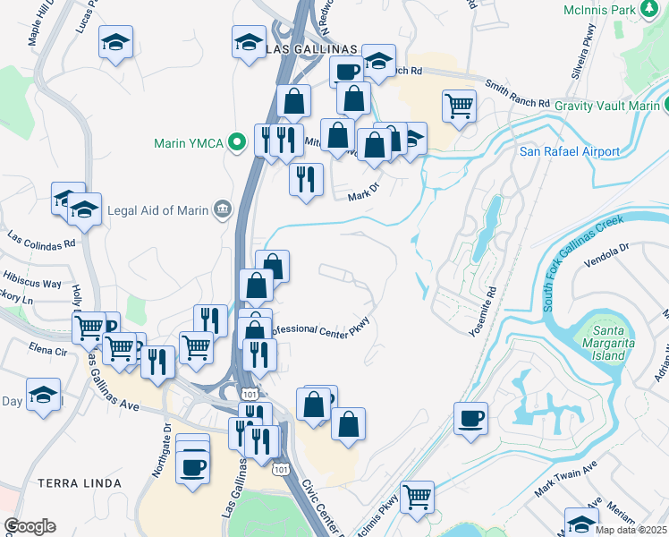 map of restaurants, bars, coffee shops, grocery stores, and more near 360 Channing Way in San Rafael