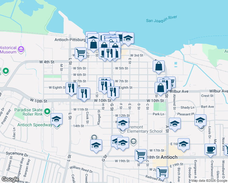 map of restaurants, bars, coffee shops, grocery stores, and more near 811 G Street in Antioch