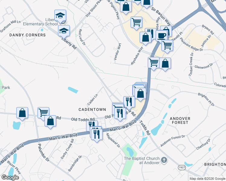 map of restaurants, bars, coffee shops, grocery stores, and more near 2922 Cadentown Road in Lexington