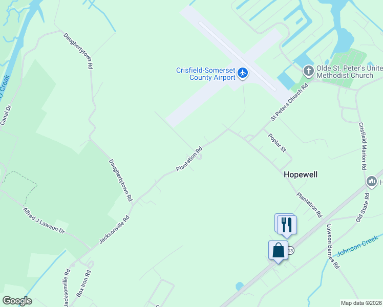 map of restaurants, bars, coffee shops, grocery stores, and more near 4695 Jacksonville Road in Crisfield