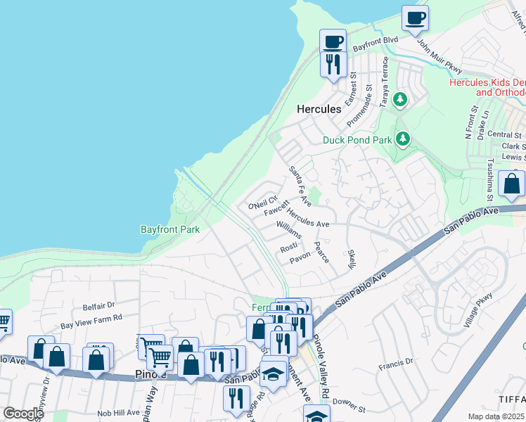 map of restaurants, bars, coffee shops, grocery stores, and more near 172 Fawcett in Hercules