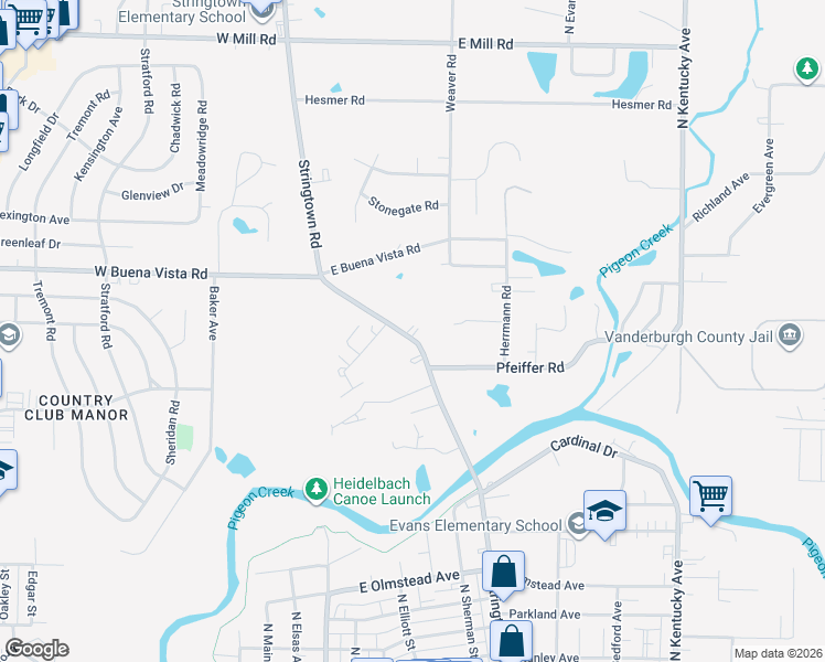 map of restaurants, bars, coffee shops, grocery stores, and more near 3755 Stringtown Road in Evansville