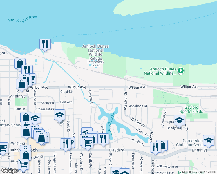 map of restaurants, bars, coffee shops, grocery stores, and more near 801 Wilbur Avenue in Antioch