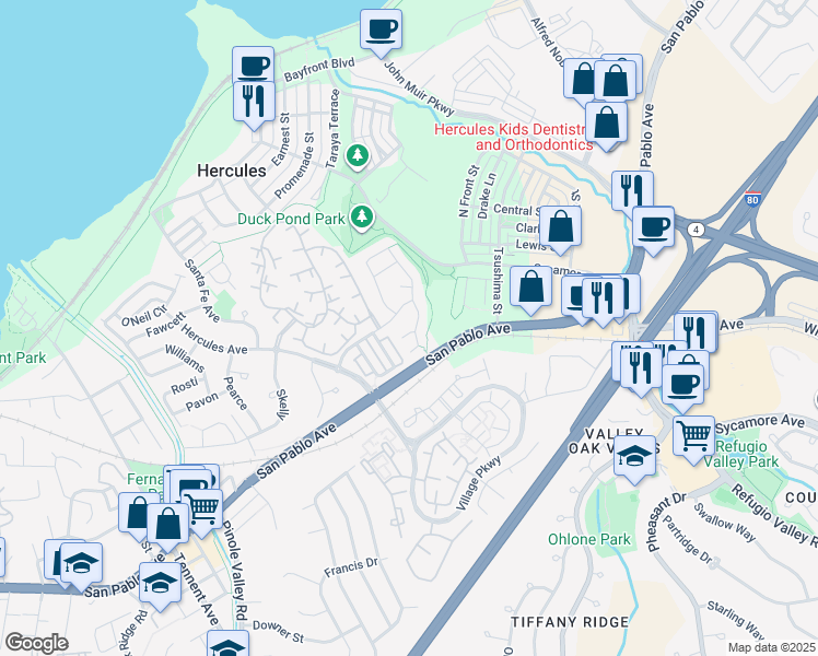 map of restaurants, bars, coffee shops, grocery stores, and more near 336 Titan Way in Hercules