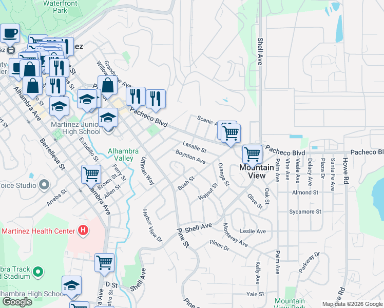 map of restaurants, bars, coffee shops, grocery stores, and more near 1985 La Salle Street in Martinez