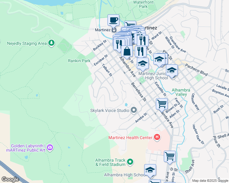 map of restaurants, bars, coffee shops, grocery stores, and more near 1042 West Arlington Street in Martinez