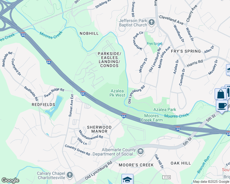 map of restaurants, bars, coffee shops, grocery stores, and more near 405 Old Lynchburg Road in Charlottesville
