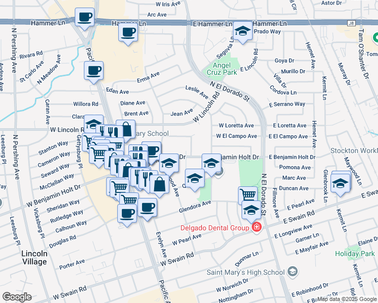 map of restaurants, bars, coffee shops, grocery stores, and more near 303 West Benjamin Holt Drive in Stockton