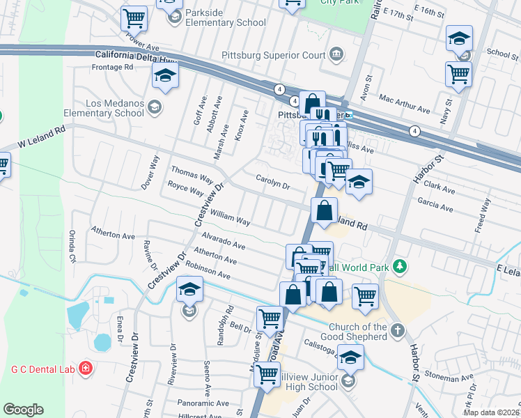 map of restaurants, bars, coffee shops, grocery stores, and more near 3339 Cecelia Way in Pittsburg