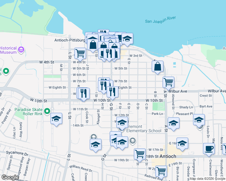 map of restaurants, bars, coffee shops, grocery stores, and more near 521 West 7th Street in Antioch