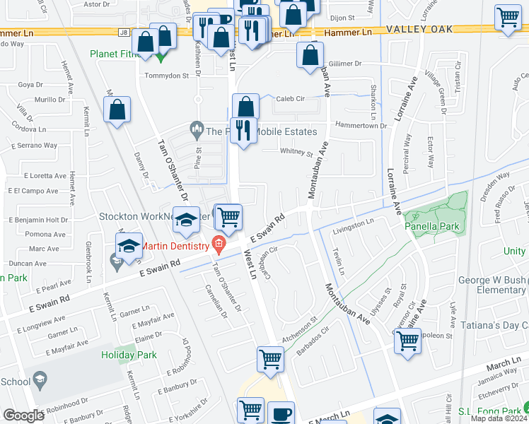 map of restaurants, bars, coffee shops, grocery stores, and more near 6130 Welch Avenue in Stockton