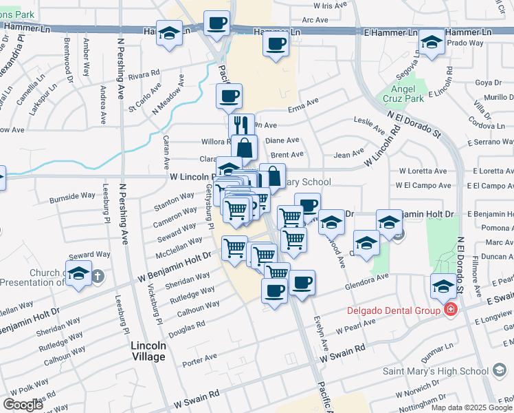 map of restaurants, bars, coffee shops, grocery stores, and more near 300 Lincoln Center in Stockton