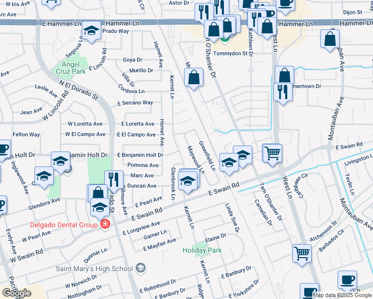 map of restaurants, bars, coffee shops, grocery stores, and more near 6506 Maywood Lane in Stockton