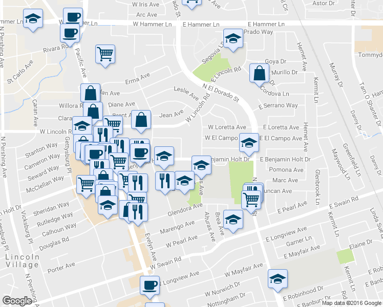 map of restaurants, bars, coffee shops, grocery stores, and more near 6605 Alturas Avenue in Stockton