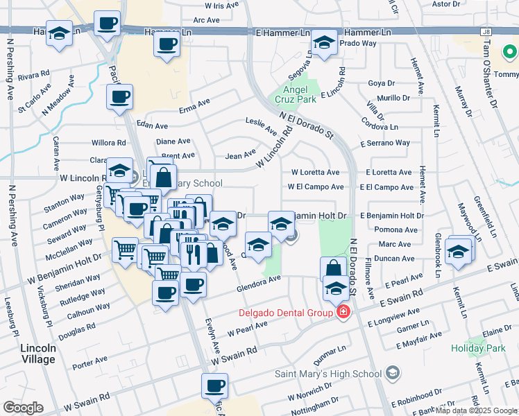 map of restaurants, bars, coffee shops, grocery stores, and more near 6605 Alturas Avenue in Stockton