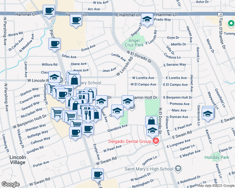 map of restaurants, bars, coffee shops, grocery stores, and more near 6605 Alturas Avenue in Stockton