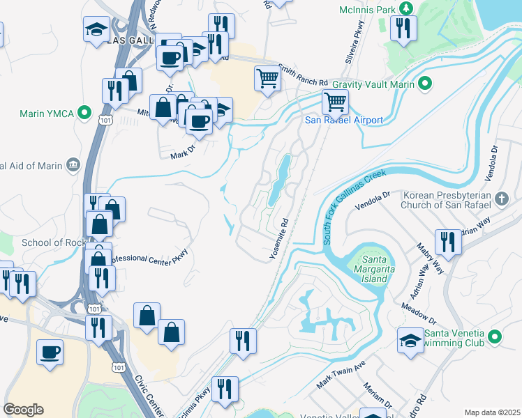 map of restaurants, bars, coffee shops, grocery stores, and more near 37 Yosemite Road in San Rafael