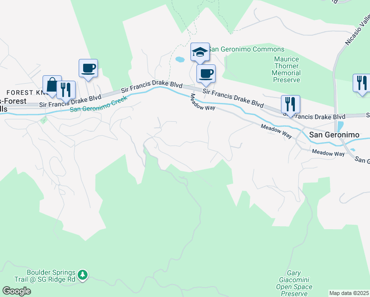 map of restaurants, bars, coffee shops, grocery stores, and more near 76 Tamarack Road in San Geronimo