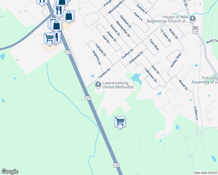 map of restaurants, bars, coffee shops, grocery stores, and more near 1031 Stonecrest Court in Lawrenceburg