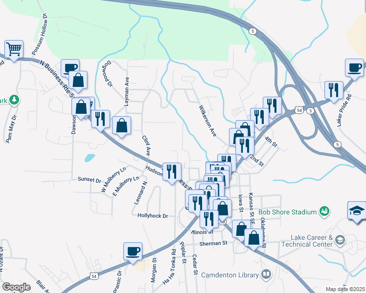 map of restaurants, bars, coffee shops, grocery stores, and more near 73 Palm Gardens Drive in Camdenton