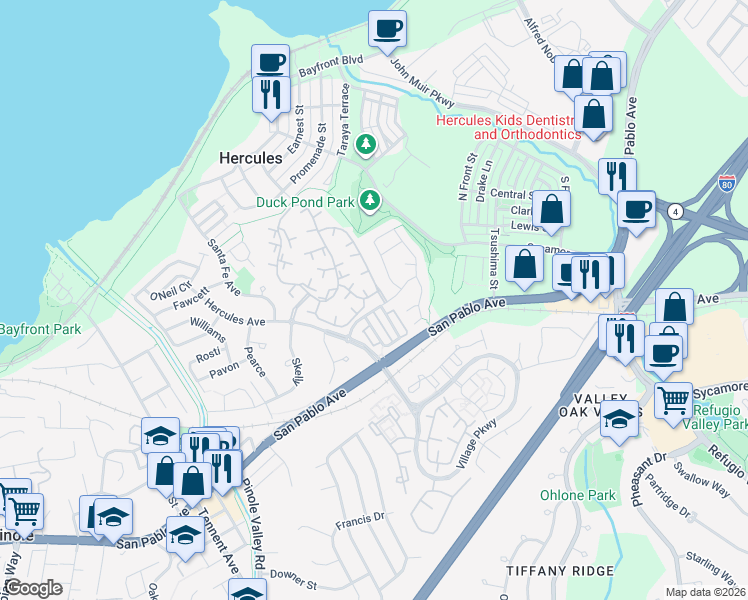 map of restaurants, bars, coffee shops, grocery stores, and more near 402 Olympus in Hercules