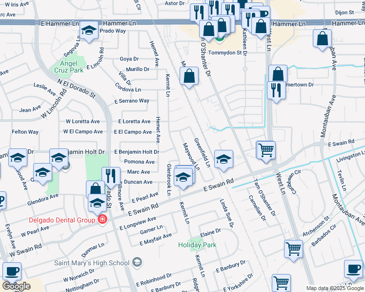 map of restaurants, bars, coffee shops, grocery stores, and more near 6506 Maywood Lane in Stockton