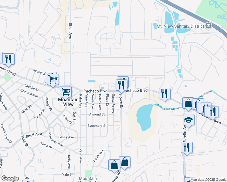 map of restaurants, bars, coffee shops, grocery stores, and more near Pacheco Boulevard & Santa Fe Avenue in Martinez