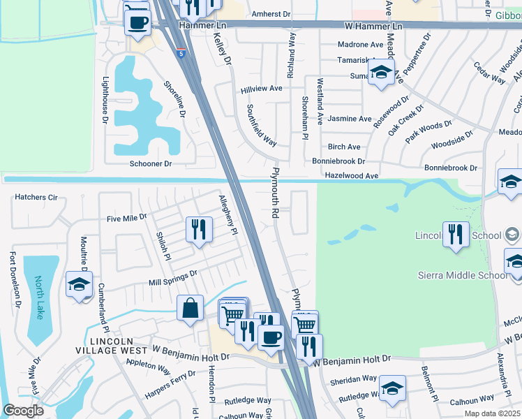 map of restaurants, bars, coffee shops, grocery stores, and more near 2957 Malvern Court in Stockton