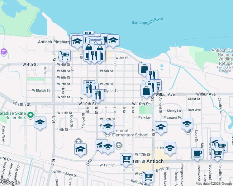 map of restaurants, bars, coffee shops, grocery stores, and more near 323 West Eighth Street in Antioch