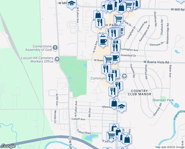map of restaurants, bars, coffee shops, grocery stores, and more near 1200 West Buena Vista Road in Evansville