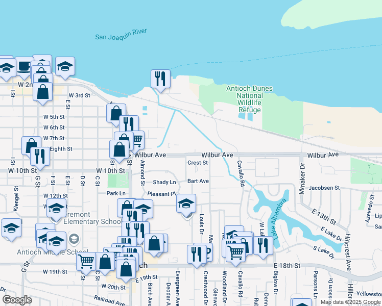 map of restaurants, bars, coffee shops, grocery stores, and more near 221 Wilbur Avenue in Antioch