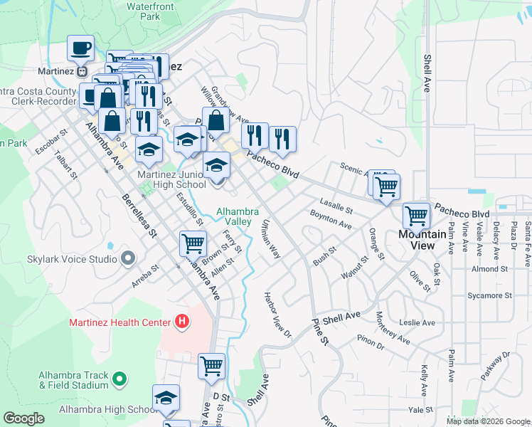 map of restaurants, bars, coffee shops, grocery stores, and more near 1830 Pine Street in Martinez