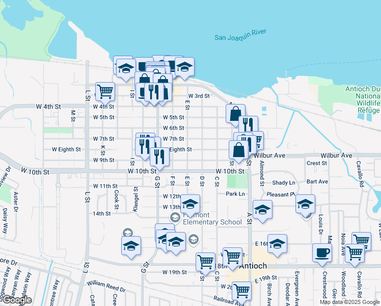 map of restaurants, bars, coffee shops, grocery stores, and more near 323 West Eighth Street in Antioch