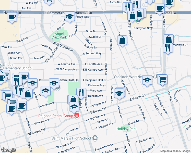 map of restaurants, bars, coffee shops, grocery stores, and more near 312 East La Mesa Avenue in Stockton