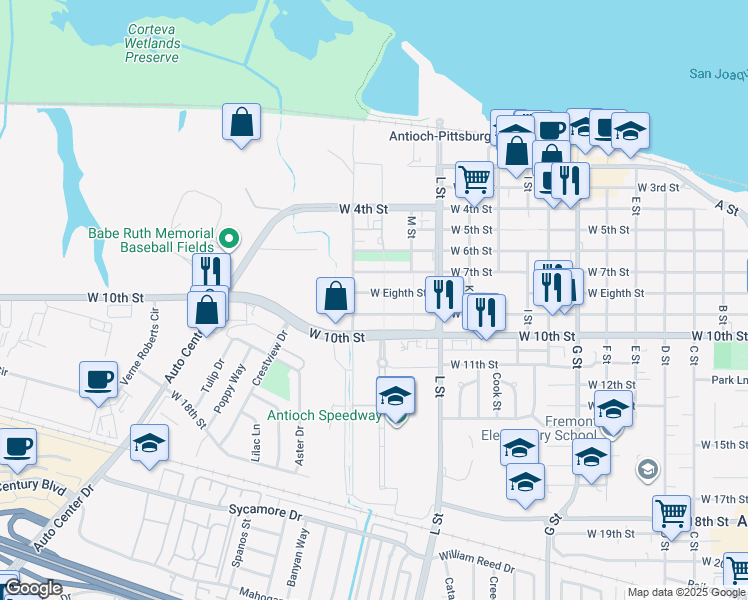 map of restaurants, bars, coffee shops, grocery stores, and more near 1307 West Eighth Street in Antioch