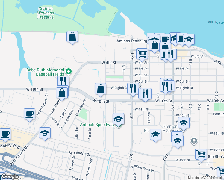 map of restaurants, bars, coffee shops, grocery stores, and more near 1307 West Eighth Street in Antioch